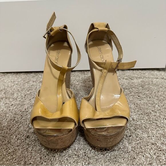 Jimmy Choo Pela Patent Cork Wedges in Nude/Tan Size EU 37 - Picture 1 of 11